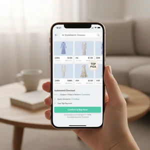 Smartphone showing an AI shopping app comparing products with automated checkout steps visible on screen