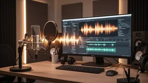 AI podcast studio with microphone, waveform editing and audio controls