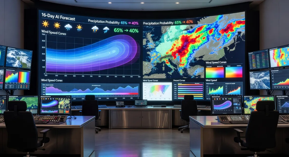 AI weather dashboard on large curved screen showing 16-day forecast with probability cones and precipitation maps in a modern meteorology control room