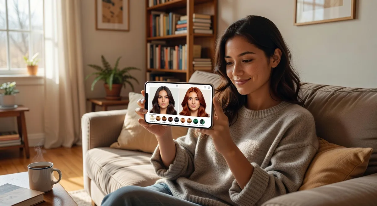 Person previewing different hair colors on smartphone app
