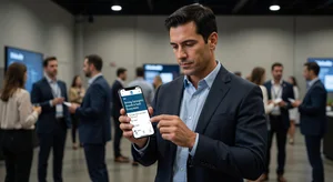 B2B professional creating content on smartphone with LinkedIn app interface visible in business casual setting