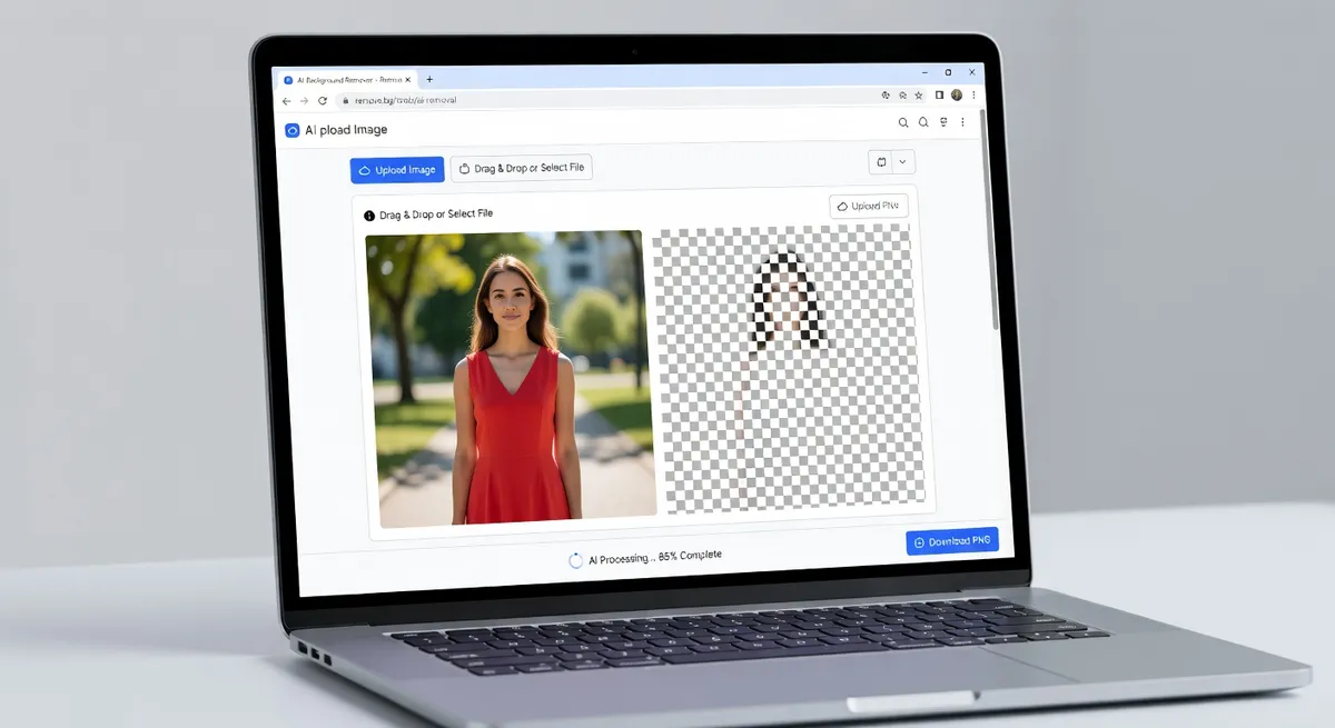 Laptop showing browser-based AI background removal tool interface with transparent checkerboard preview