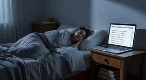 Person sleeping peacefully while laptop on nightstand shows AI auto-applying to multiple job listings
