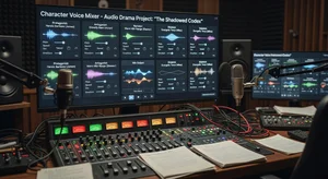 Text-to-speech interface showing different character voice options being mixed for audio drama production, professional audio workspace