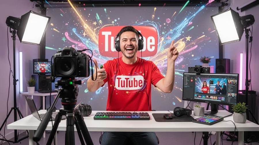 YouTuber filming video content in professional creator studio with bright lighting