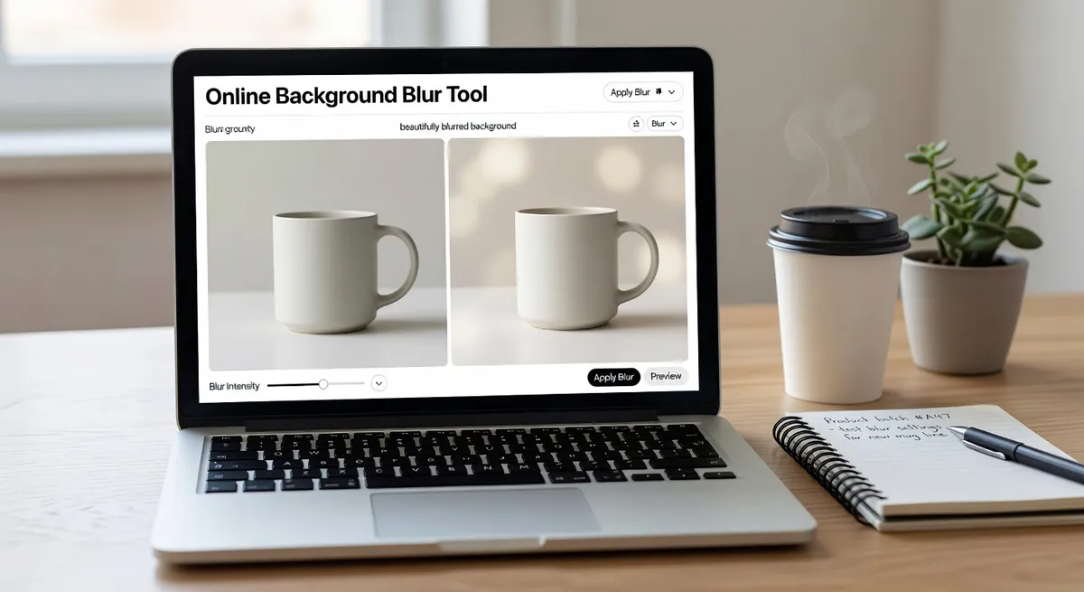 E-commerce seller using online blur tool on laptop with product photo showing clean background blur applied professionally