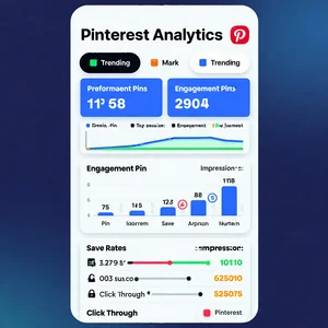 Pinterest analytics dashboard showing performance metrics, engagement graphs, trending pins, impressions data, save rates, click through rates, modern analytics interface, clean data visualization, professional screenshot
