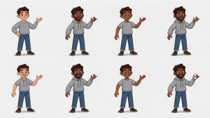 Film production workflow showing character design process from concept to multi-scene implementation