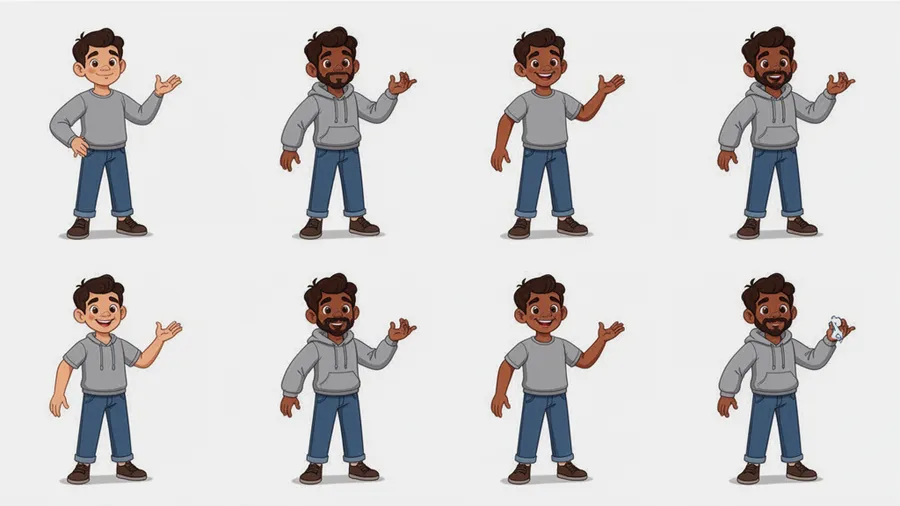 Film production workflow showing character design process from concept to multi-scene implementation