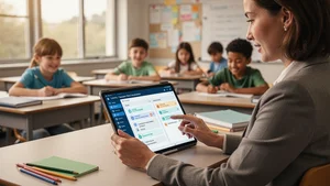 Teacher using tablet with AI powered lesson planning interface in modern classroom