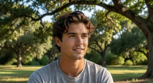 Casual weekend hairstyle on professional man in relaxed outdoor setting