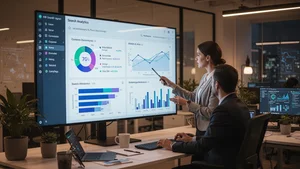 Marketing professional analyzing AI search analytics on a large screen with data visualizations showing content performance in AI results