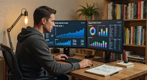 Content creator analyzing clickthrough rates and engagement metrics on dual monitors, data visualization charts, focused professional workspace, warm productive lighting
