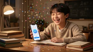 Student celebrating a language learning milestone on their AI app with confetti on the screen, smiling with genuine happiness in a warm study room