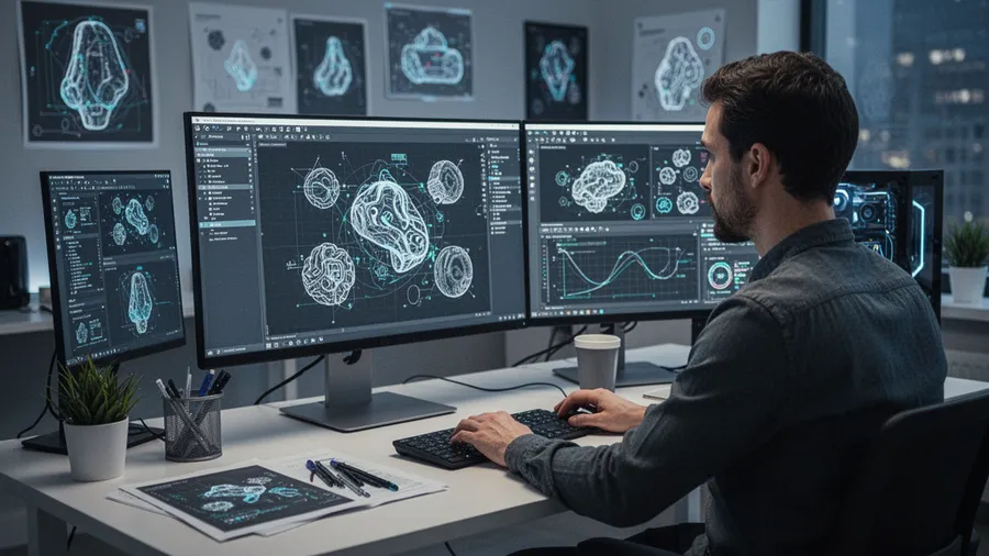 Designer at desk working on concept visualization using AI tools