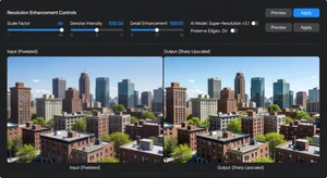 AI upscaling software interface showing resolution enhancement controls, side-by-side comparison of pixelated vs sharp upscaled image