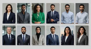 Grid showing diverse professional headshots with different styles and backgrounds