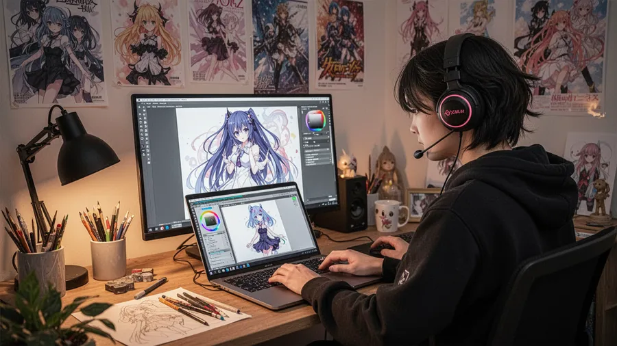 Anime fan creating character art in cozy workspace with manga posters