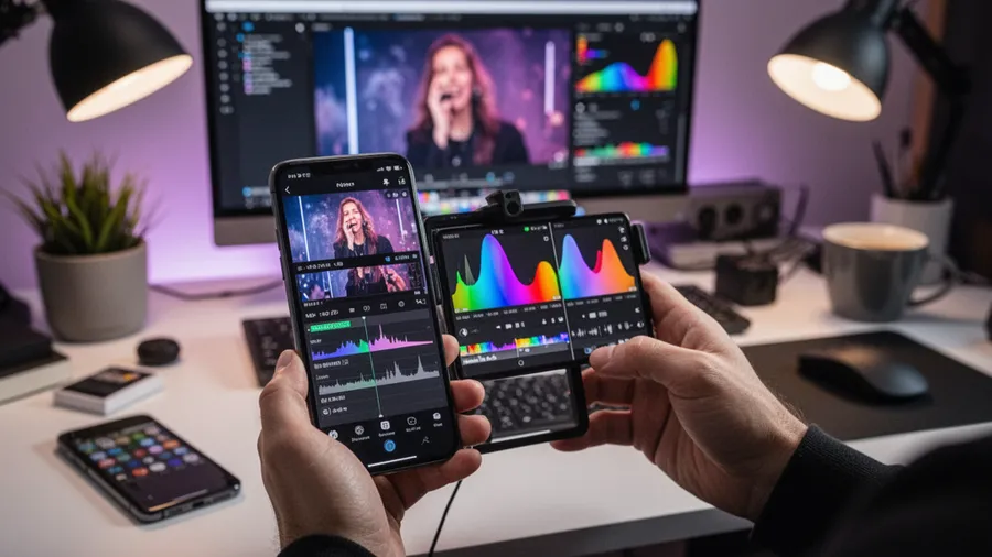 Video creator editing footage on smartphone with professional mobile filmmaking setup