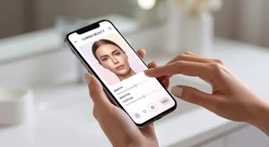 Close-up of hands using smartphone beauty app