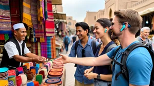Tourist navigating a foreign market with AI earbuds, colorful street vendors, vibrant bazaar setting, natural travel photography
