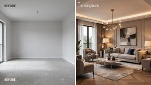 Modern living room split view showing before plain room and AI redesigned stylish room