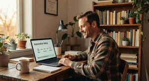A small business owner setting up automation on a laptop in a cozy office with warm natural lighting