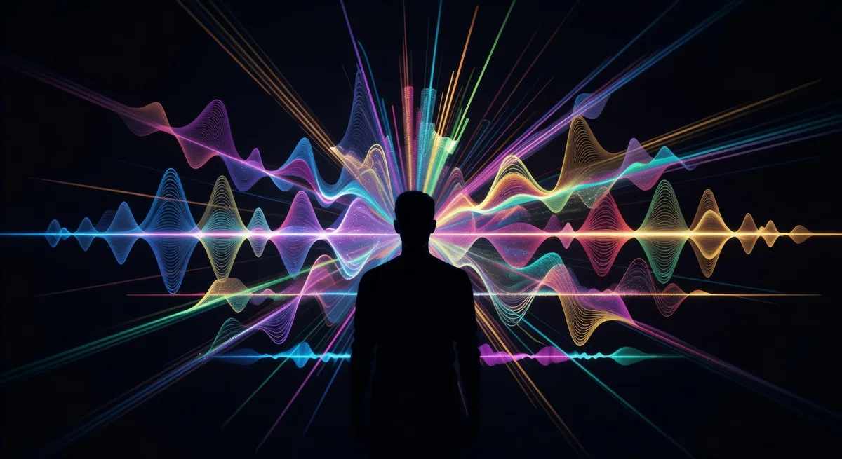 A conceptual image showing a person's silhouette with multiple colored voice waveforms emanating outward, representing the spread and transformation of voice identity through AI technology