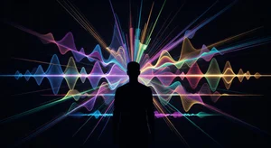 A conceptual image showing a person's silhouette with multiple colored voice waveforms emanating outward, representing the spread and transformation of voice identity through AI technology