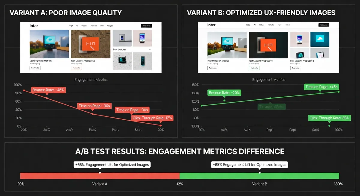 A/B test comparison showing website engagement metrics improvement when using optimized UX-friendly images versus low-quality imagery, data visualization