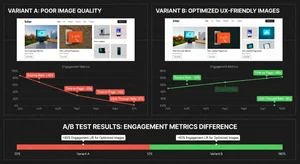 A/B test comparison showing website engagement metrics improvement when using optimized UX-friendly images versus low-quality imagery, data visualization