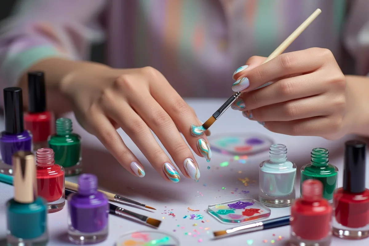 A digital interface showing various nail art design options and customization tools for creating unique manicures