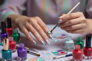 A digital interface showing various nail art design options and customization tools for creating unique manicures