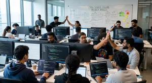 Developer community collaborating on open source project with code on screens and diverse team in energetic hackathon atmosphere