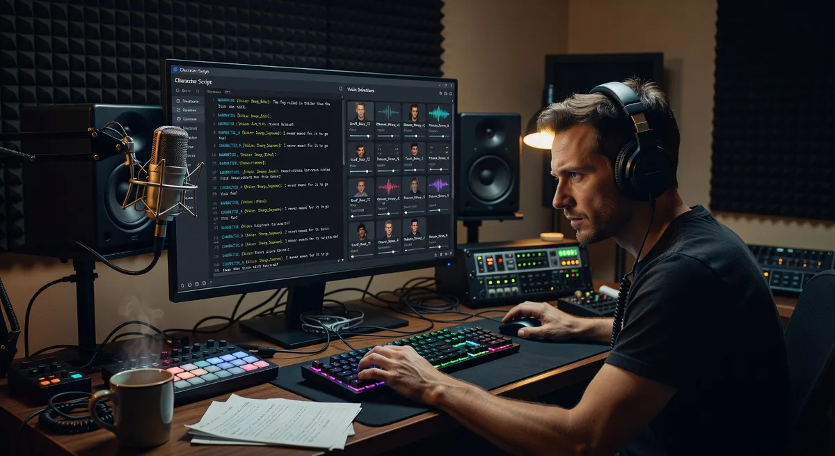 Podcast or audio drama creator working with multi-voice TTS software, character script and voice selections displayed, creative audio studio