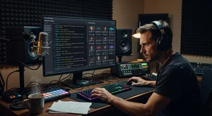 Podcast or audio drama creator working with multi-voice TTS software, character script and voice selections displayed, creative audio studio