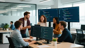 Team of developers collaborating around screens showing AI-assisted code review in a modern office