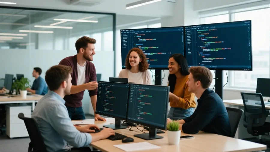 Team of developers collaborating around screens showing AI-assisted code review in a modern office