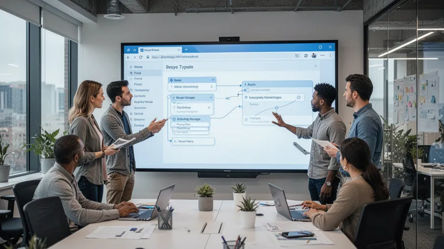 Team collaboration scene customizing workflow templates on large interactive display