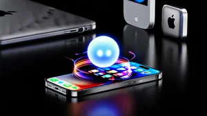Glowing AI assistant orb hovering over an iPhone with colorful light trails
