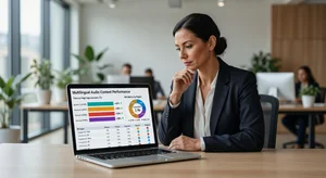 A content marketer reviewing multilingual audio content analytics showing time-on-page improvements segmented by language and region, with clear ROI metrics displayed on a laptop dashboard in a modern office environment