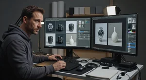 A product photographer reviewing a batch of cleaned product images on screen, showing multiple before/after comparisons arranged in a grid, with the object remover interface visible on a second monitor