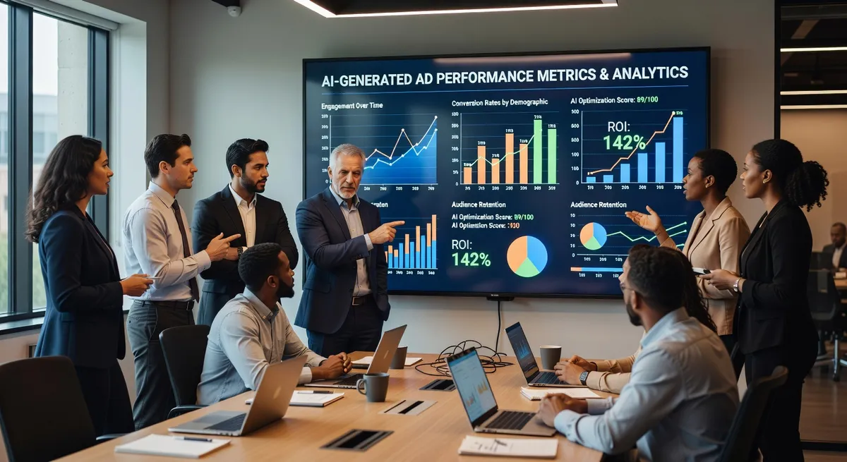 Marketing team reviewing AI-generated video ad performance metrics and analytics on large display, collaborative workspace environment