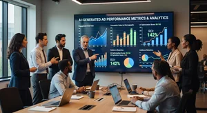 Marketing team reviewing AI-generated video ad performance metrics and analytics on large display, collaborative workspace environment