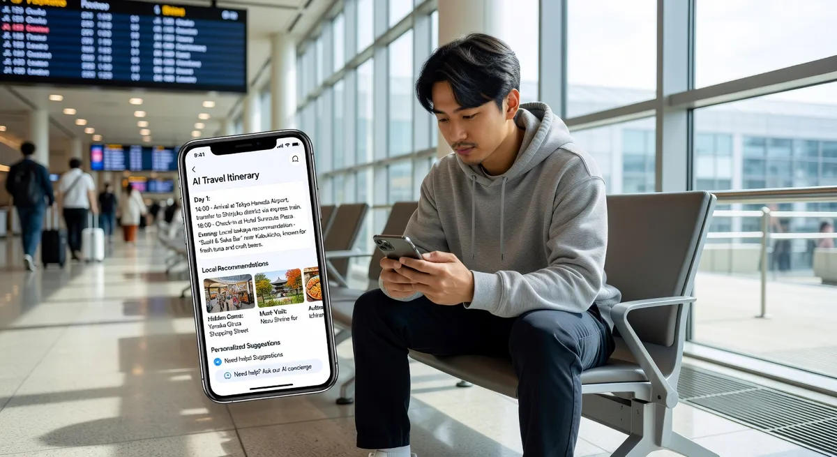 Person using phone showing AI travel app with itinerary and local recommendations at an airport terminal