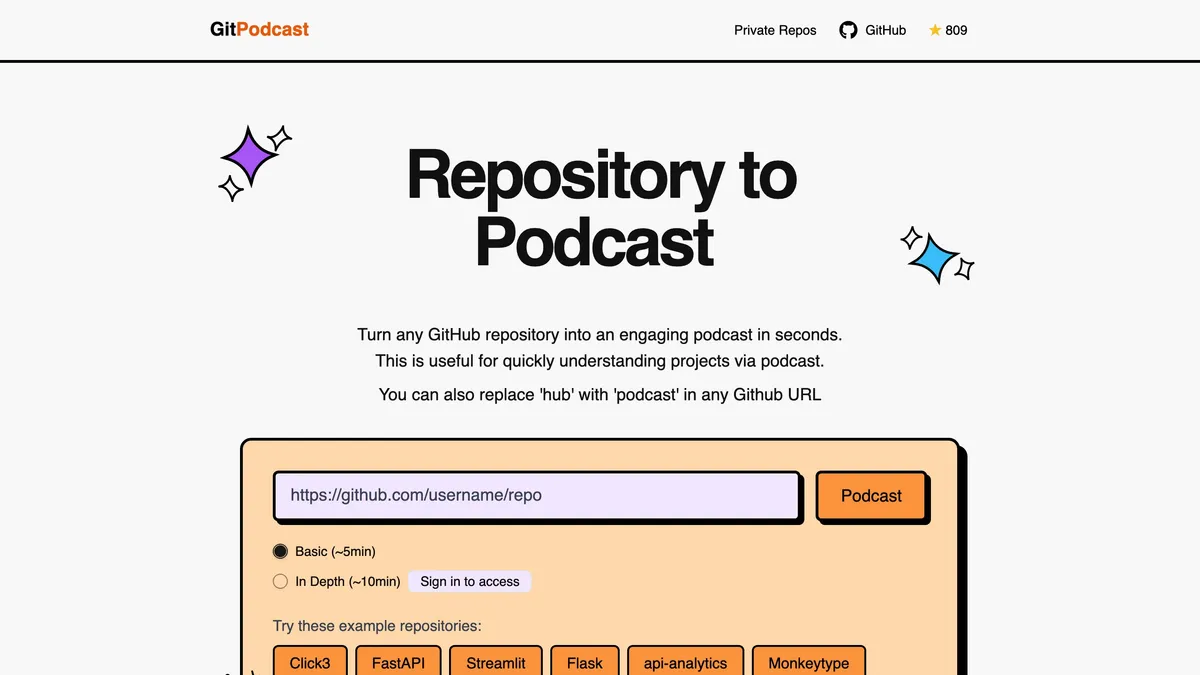 GitPodcast converting a GitHub repository into an audio podcast
