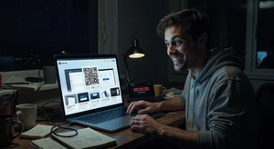 An indie hacker excitedly launching their side project at midnight, laptop screen showing a polished landing page with professional visuals, a QR code for sharing, and social media preview cards all prepared for launch day, representing the successful outcome of the AI visual tools workflow