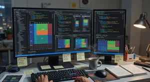 Visual diagram showing CSS Grid two-dimensional layout versus Flexbox one-dimensional layout, clean technical illustration with arrows and boxes