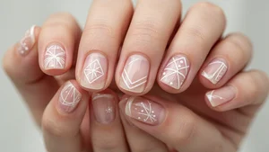 Close-up of minimalist intricate nail art on short natural nails with clean aesthetic