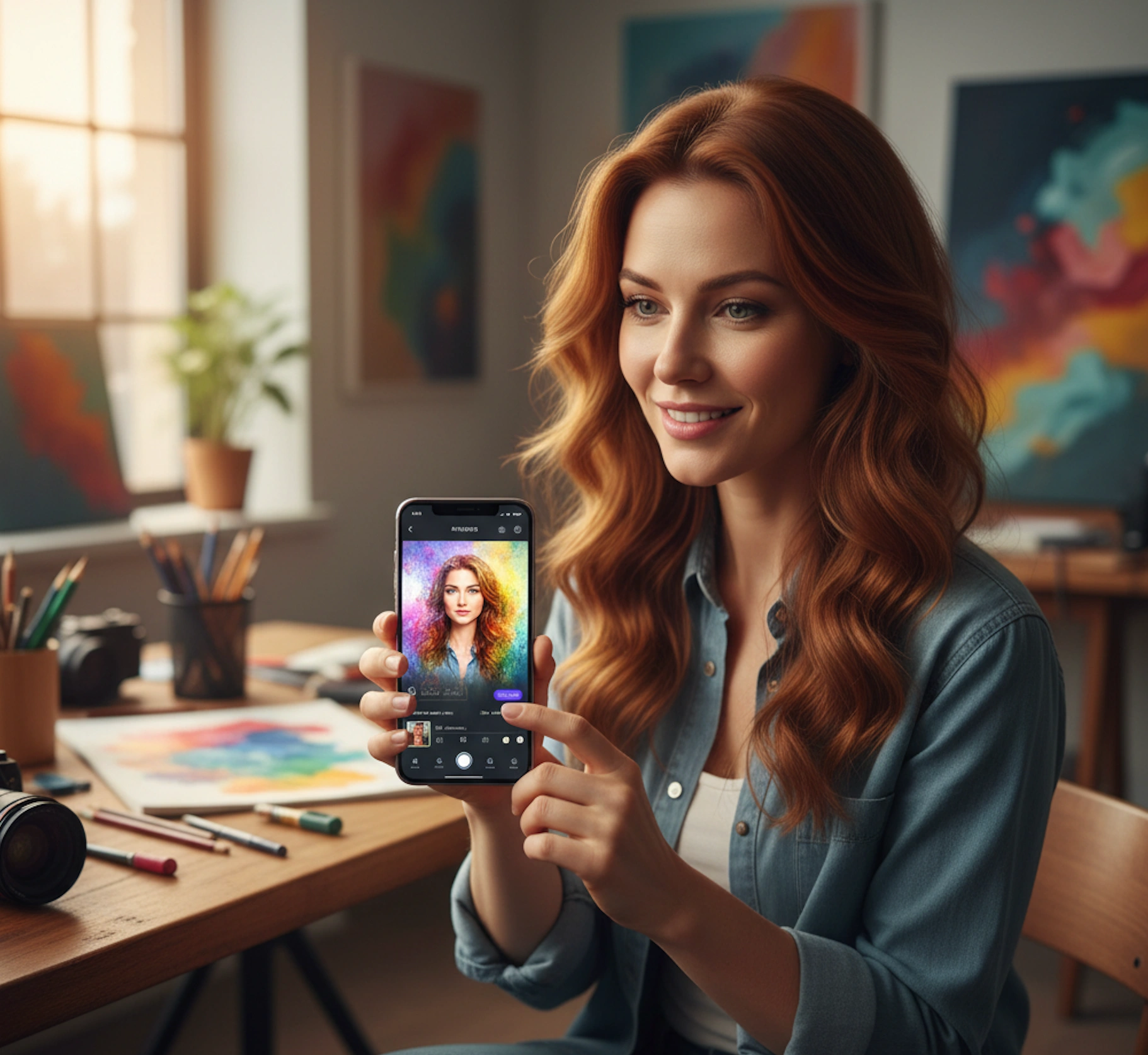 Creative artist using AI photo filters on smartphone to transform portrait images with artistic effects and professional editing tools